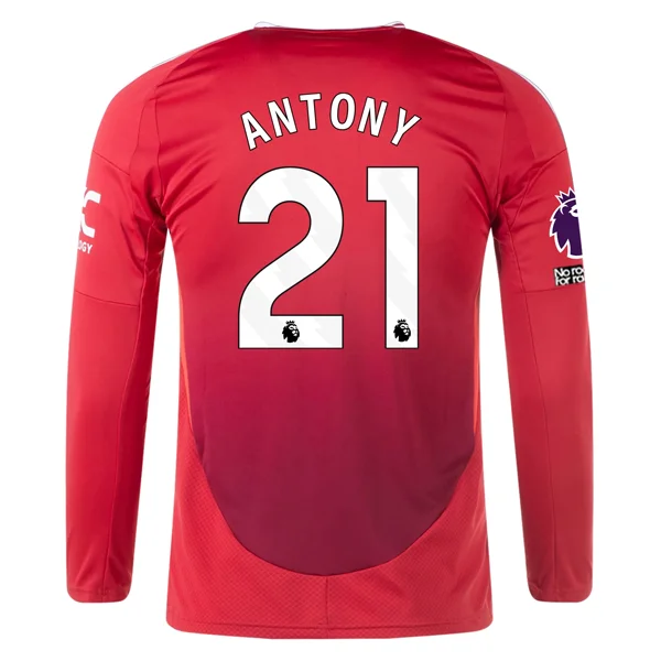 adidas Manchester United Antony Long Sleeve Home Jersey w/ EPL + No Room For Racism Patches24/25 (Red)