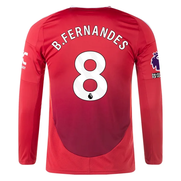 adidas Manchester United Bruno Fernandes Long Sleeve Home Jersey w/ EPL + No Room For Racism Patches24/25 (Red)