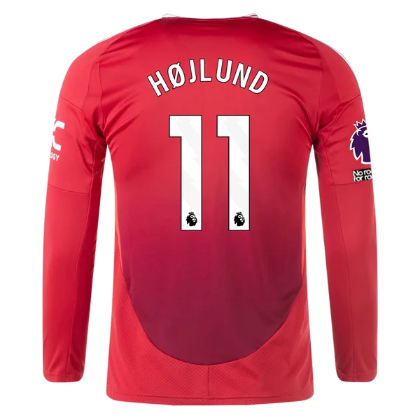 adidas Manchester United Rasmus Hojlund Long Sleeve Home Jersey w/ EPL + No Room For Racism Patches24/25 (Red)