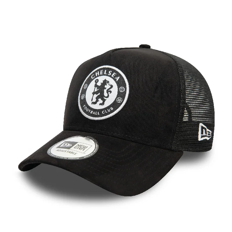 Chelsea FC Lion Crest Faux Suede Black 9FORTY E-Frame Adjustable Trucker Cap