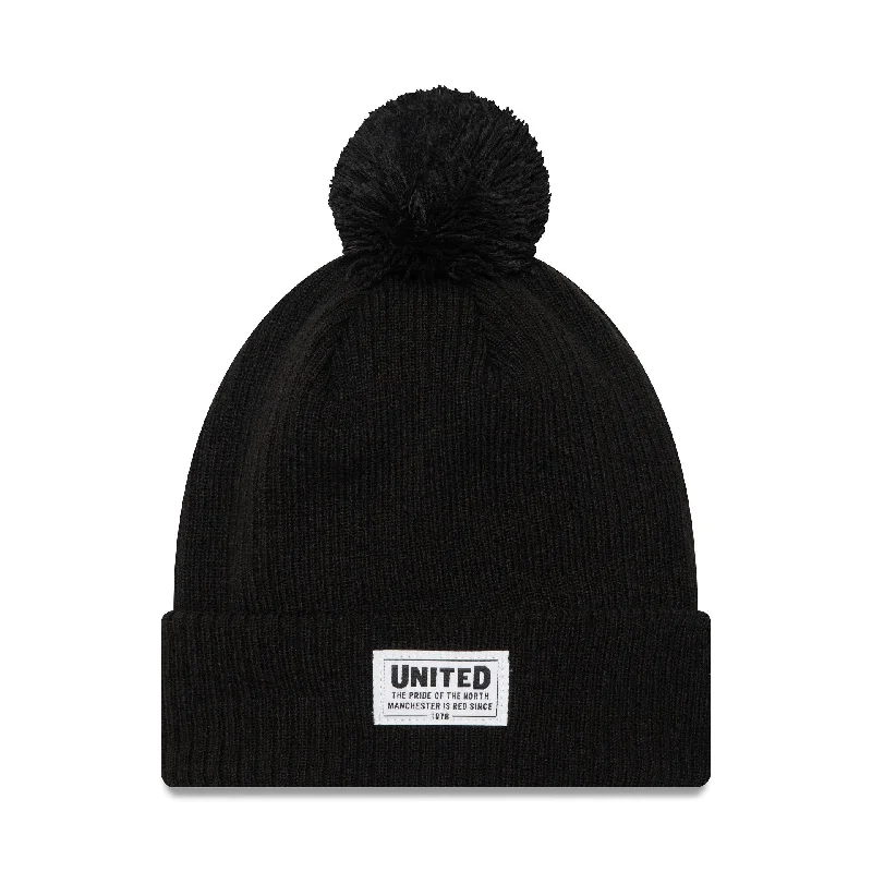 Manchester United FC Stitch Patch Black Bobble Knit Beanie Hat