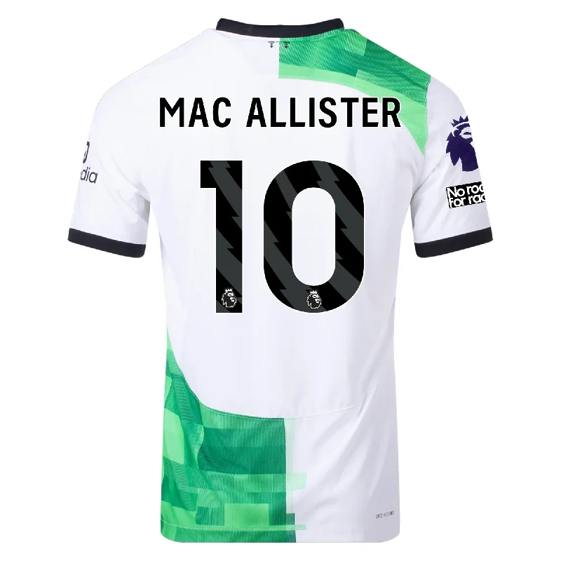 Nike Liverpool Authentic Alexis Mac Allister Match Away Jersey w/ EPL + No Room For Racism Patches 23/24 (White/Green Spark)