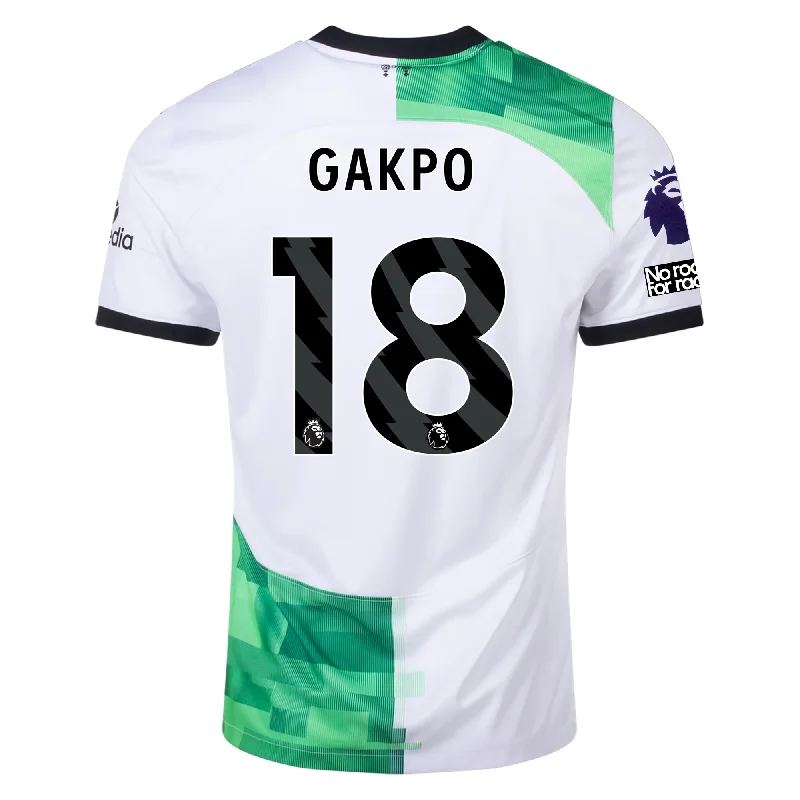 Nike Liverpool Away Cody Gakpo Jersey w/ EPL + No Room For Racism Patches 23/24 (White/Green Spark)