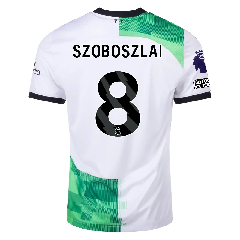 Nike Liverpool Away Dominik Szoboszlai Jersey w/ EPL + No Room For Racism Patches 23/24 (White/Green Spark)